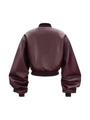 Women’s Maroon Leather Two Piece Set, High Neck Cropped Jacket and Pencil Skirt