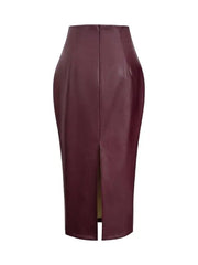 Women’s Maroon Leather Two Piece Set, High Neck Cropped Jacket and Pencil Skirt