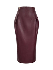 Women’s Maroon Leather Two Piece Set, High Neck Cropped Jacket and Pencil Skirt
