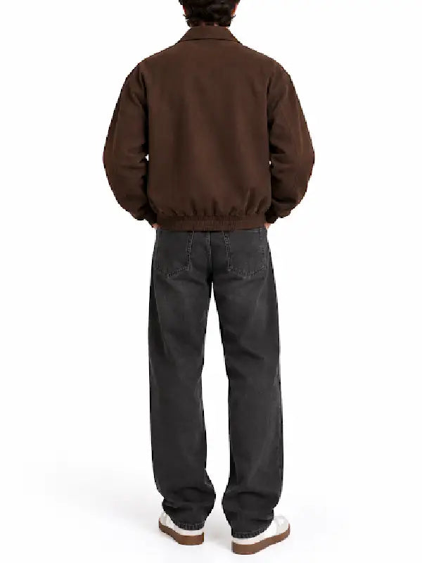 Men’s brown faux suede bomber jacket back view with elasticated hem and drop shoulders