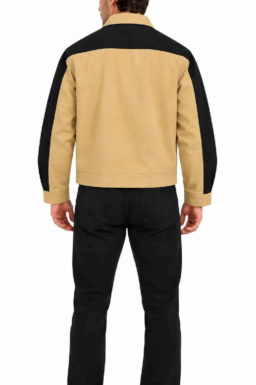 Back view of a men's khaki and black colorblock work jacket with black yoke and sleeves