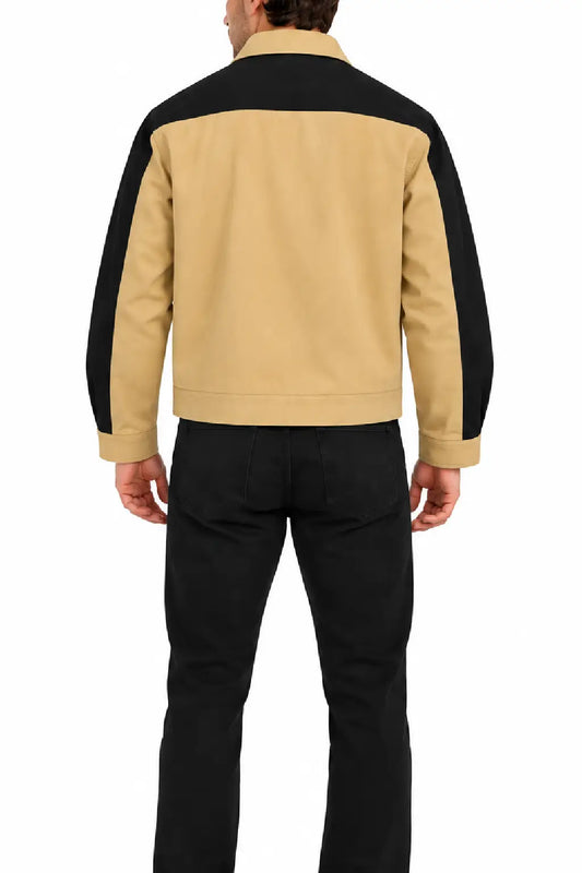 Back view of a men's khaki and black colorblock work jacket with black yoke and sleeves