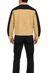 Back view of a men's khaki and black colorblock work jacket with black yoke and sleeves