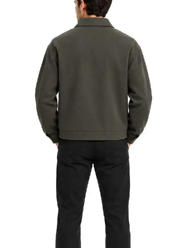 Back view of a men's olive green zip-up collared jacket with banded hem and shaped sleeves
