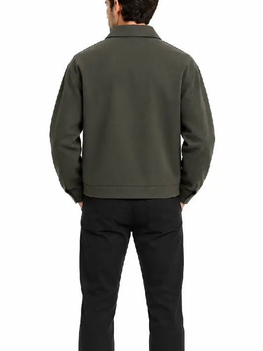 Back view of a men's olive green zip-up collared jacket with banded hem and shaped sleeves