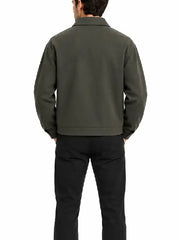 Back view of a men's olive green zip-up collared jacket with banded hem and shaped sleeves