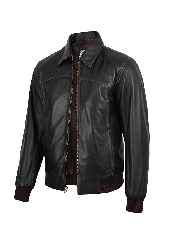 Side angle view of men's black leather jacket showing fit and distressed stitching