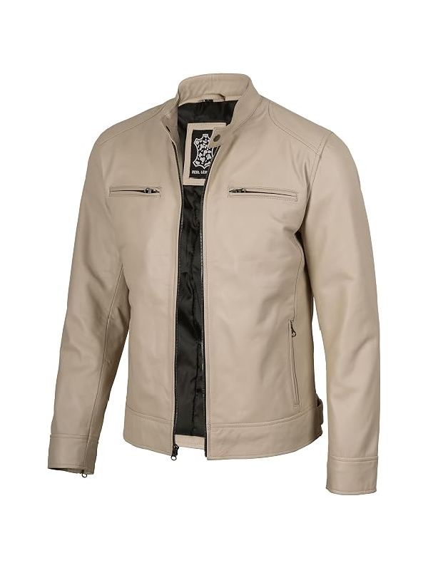 Men's Stone Beige Leather Biker Jacket – Front Open View