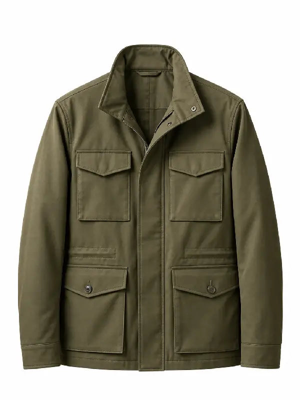 Men's olive green four-pocket field jacket with stand collar and concealed zip placket, front view