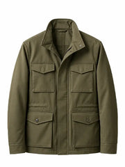 Men's olive green four-pocket field jacket with stand collar and concealed zip placket, front view