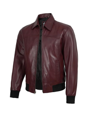 Maroon leather bomber jacket close-up front view for men