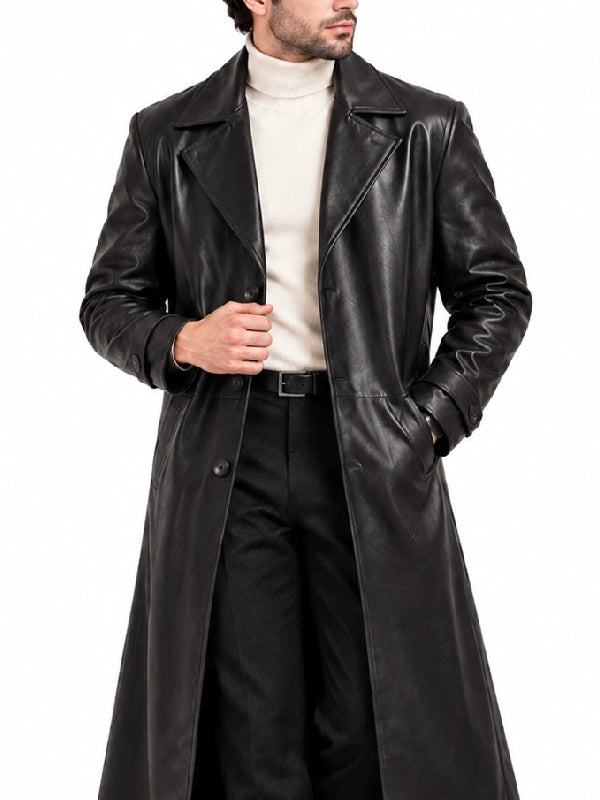 Front close-up of men’s black leather trench coat with notch lapel and button front