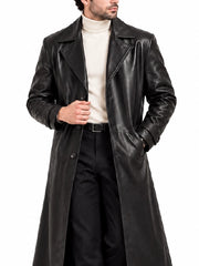 Front close-up of men’s black leather trench coat with notch lapel and button front