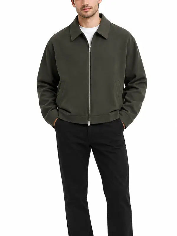 Front view of a men's olive green Harrington-style jacket with metal zip and side pockets