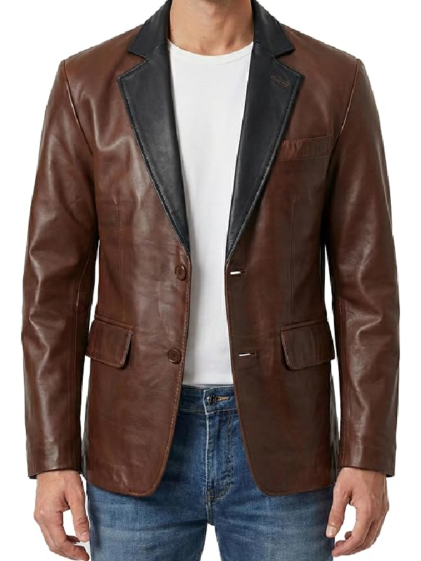 Men's Two-Tone Brown Black Leather Blazer Jacket – Front View