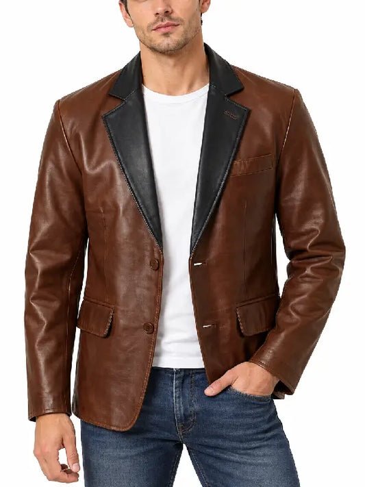 Men's Two-Tone Brown Black Leather Blazer Jacket – Front View