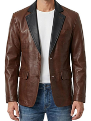 Men's Two-Tone Brown Black Leather Blazer Jacket – Front View