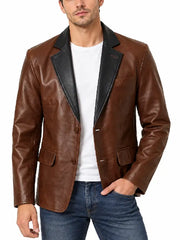 Men's Two-Tone Brown Black Leather Blazer Jacket – Front View