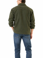 Back view of men’s olive green overshirt jacket with relaxed fit and rolled button cuffs