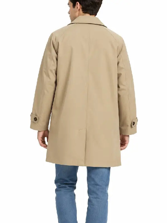 Back view of a men's beige car coat showing raglan sleeves and button tab cuffs