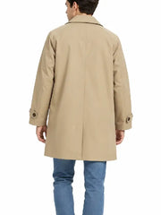 Back view of a men's beige car coat showing raglan sleeves and button tab cuffs