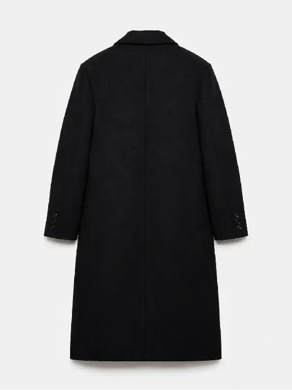Men's black wool overcoat, back view showing relaxed silhouette