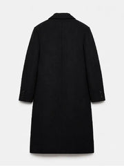 Men's black wool overcoat, back view showing relaxed silhouette