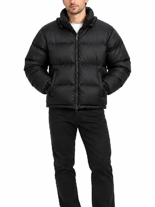 Front view of a men's black puffer jacket with full-length zip, zippered pockets and adjustable cuffs
