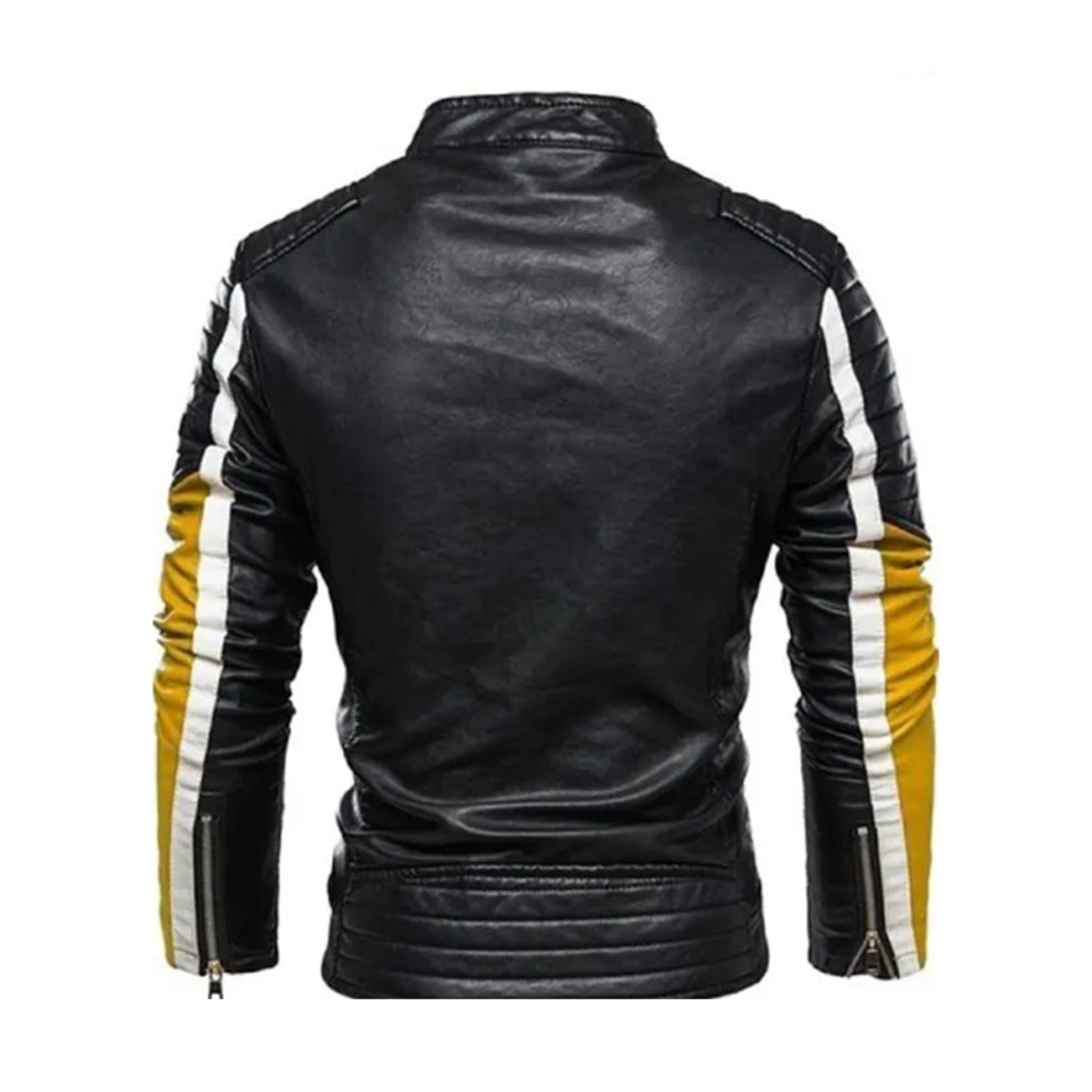 Black and Yellow Biker Camber Leather Jacket