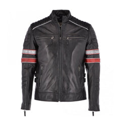 Black Stripes Biker Real Leather Jacket