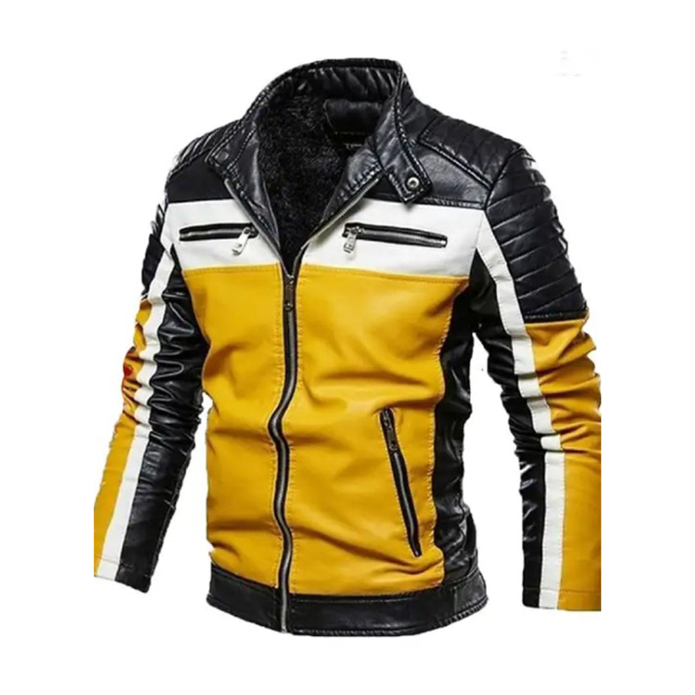 Black and Yellow Biker Camber Leather Jacket