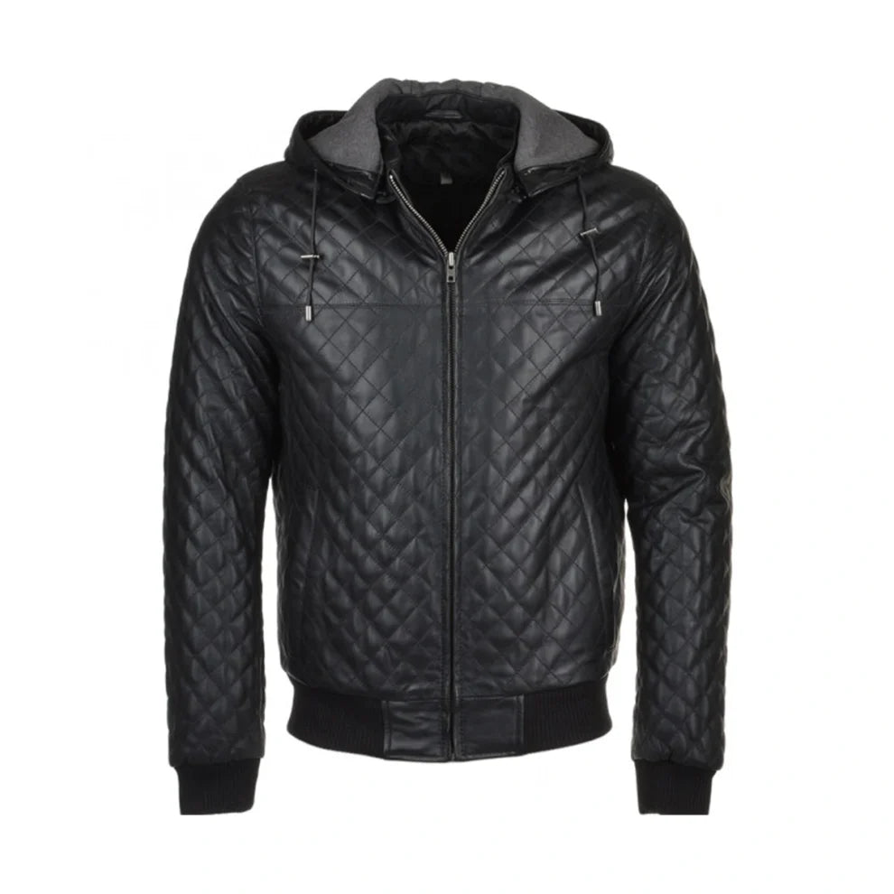 Black hooded bomber Quilted Leather Jacket