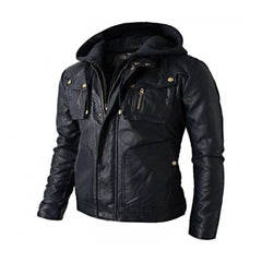 Black Hooded Style Biker Leather Jacket