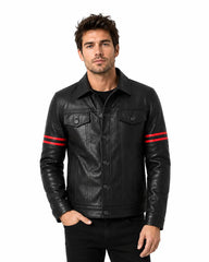 Men's black leather jacket front view with red sleeve stripes