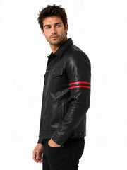 Men's black leather jacket side view with red sleeve detailing