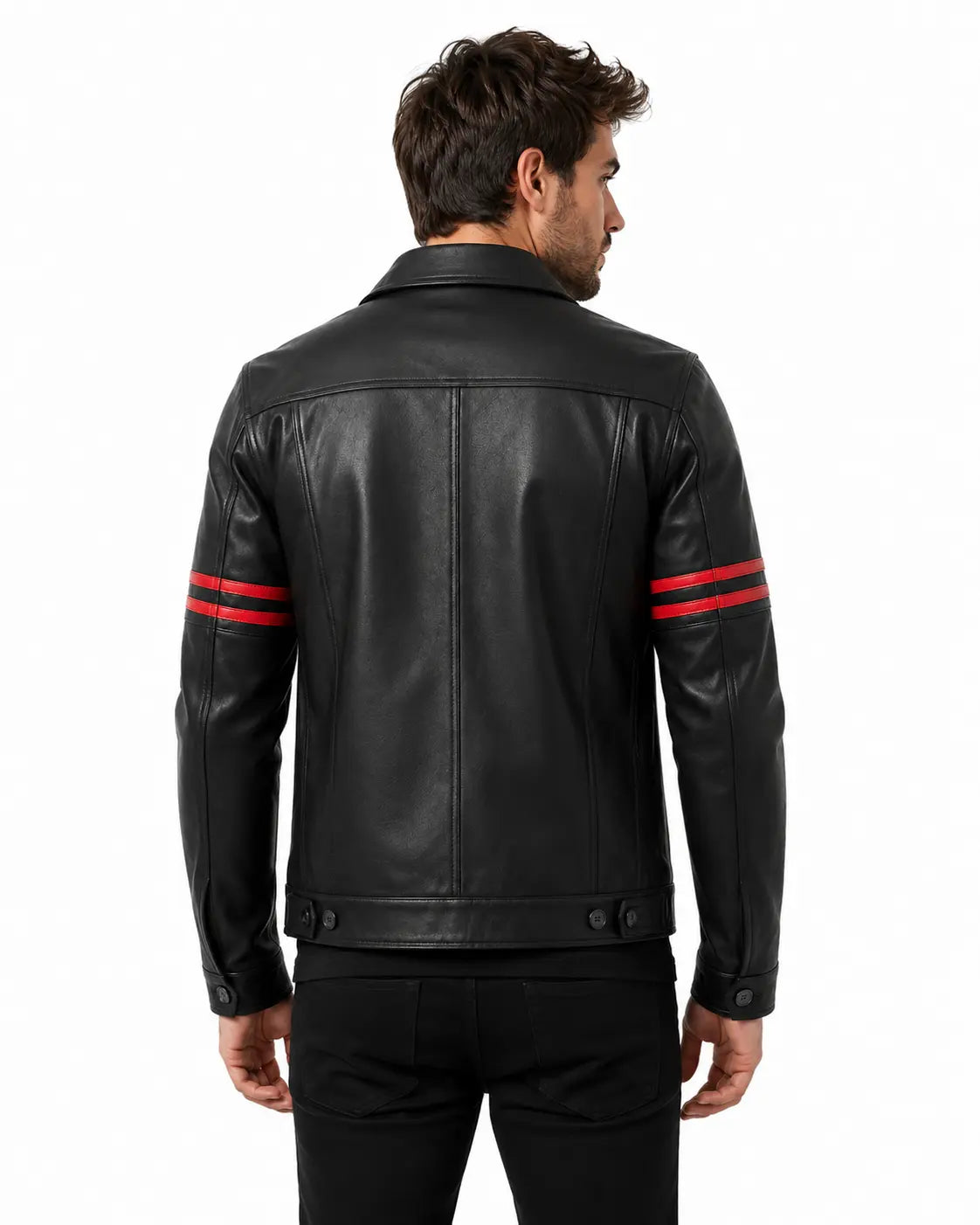 Back view of men's black leather jacket with red stripes