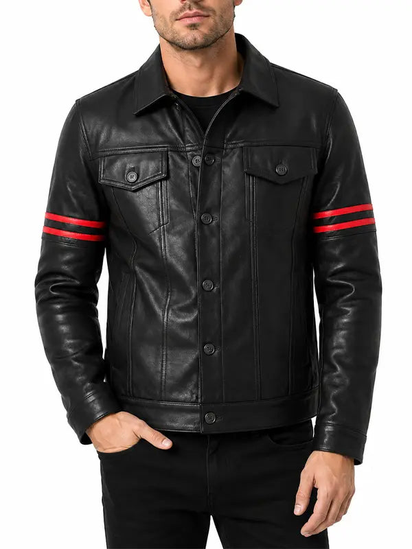 Men's black leather jacket with double red sleeve stripes