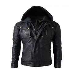 Black Hooded Style Biker Leather Jacket