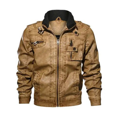 Vintage Brown Stand Collar Biker Leather Jacket