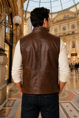 Men's brown leather vest back view with stand collar