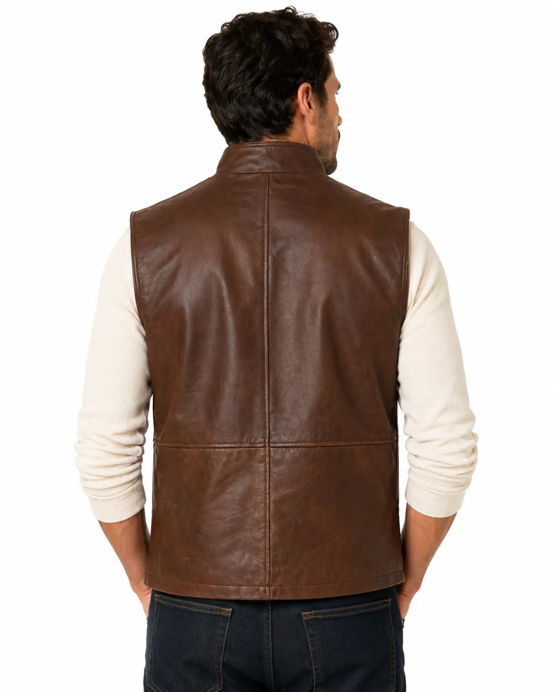 Men's brown leather vest back view with stand collar