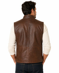 Men's brown leather vest back view with stand collar
