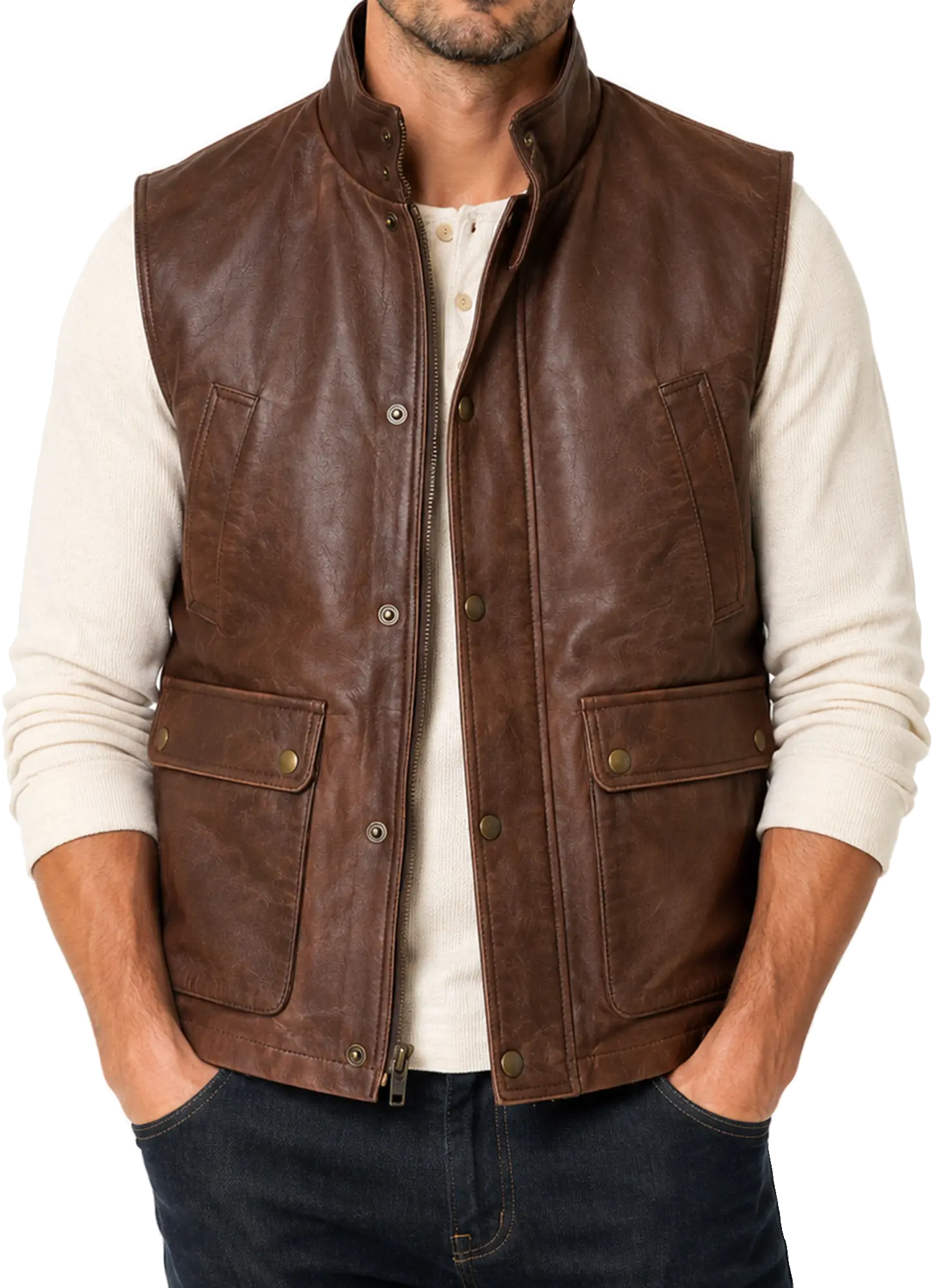 Men's brown leather vest with stand collar and multiple pockets front view