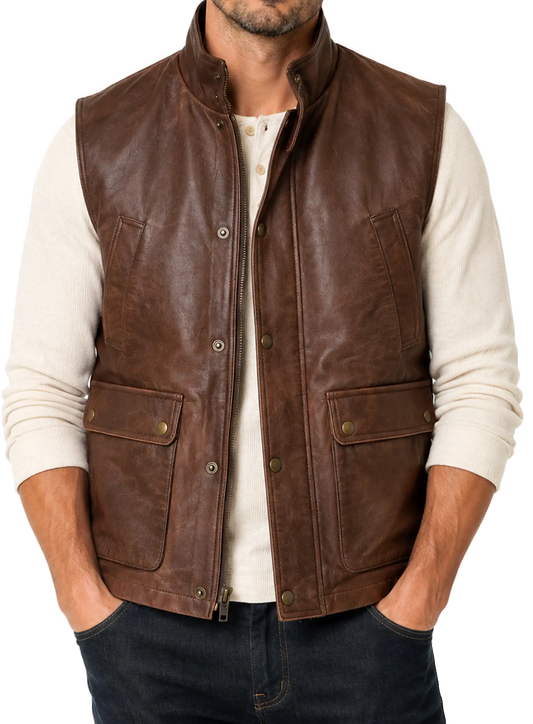 Men's brown leather vest with stand collar and multiple pockets front view