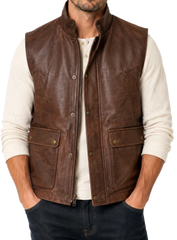 Men's brown leather vest with stand collar and multiple pockets front view
