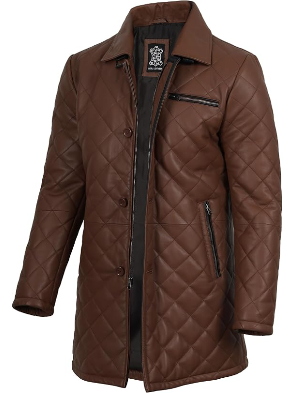 Brown leather car coat close-up front zip pocket view
