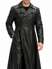 Front close-up of men’s black leather double breasted trench coat with notch lapel and six-button front
