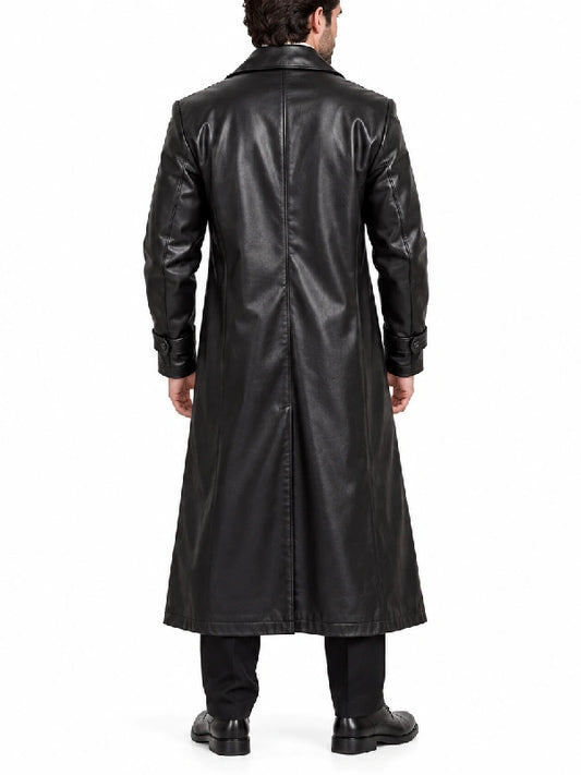 Back view of men’s black long leather trench coat with strap cuffs and center vent
