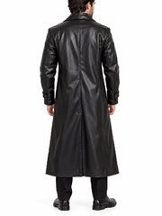 Back view of men’s black long leather trench coat with strap cuffs and center vent