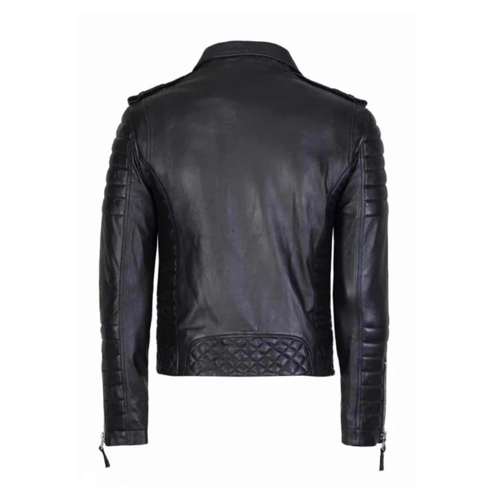 Black Biker Style Quilted Lambskin Leather Jacket